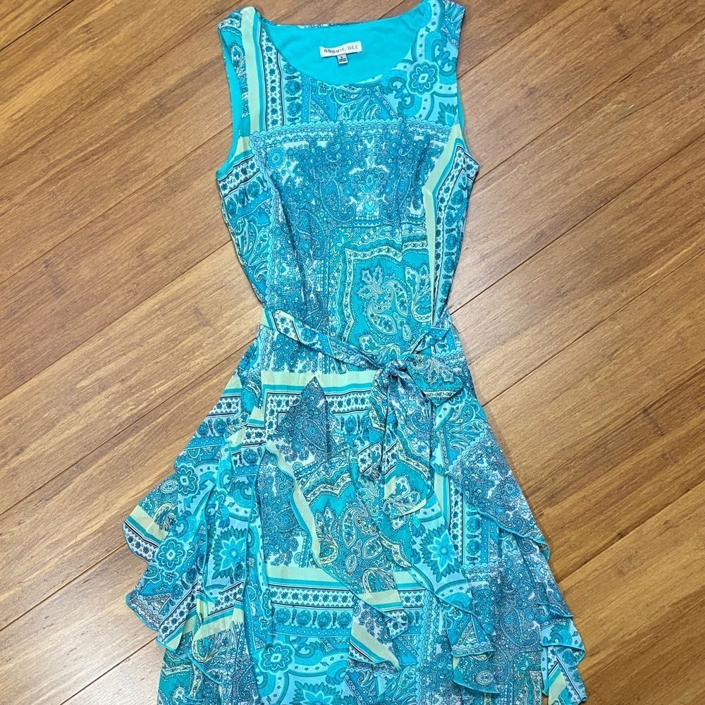 Robbie Bee Y2K Turquoise Paisley Ruffle Bottom Tie Waist Dress size 6
